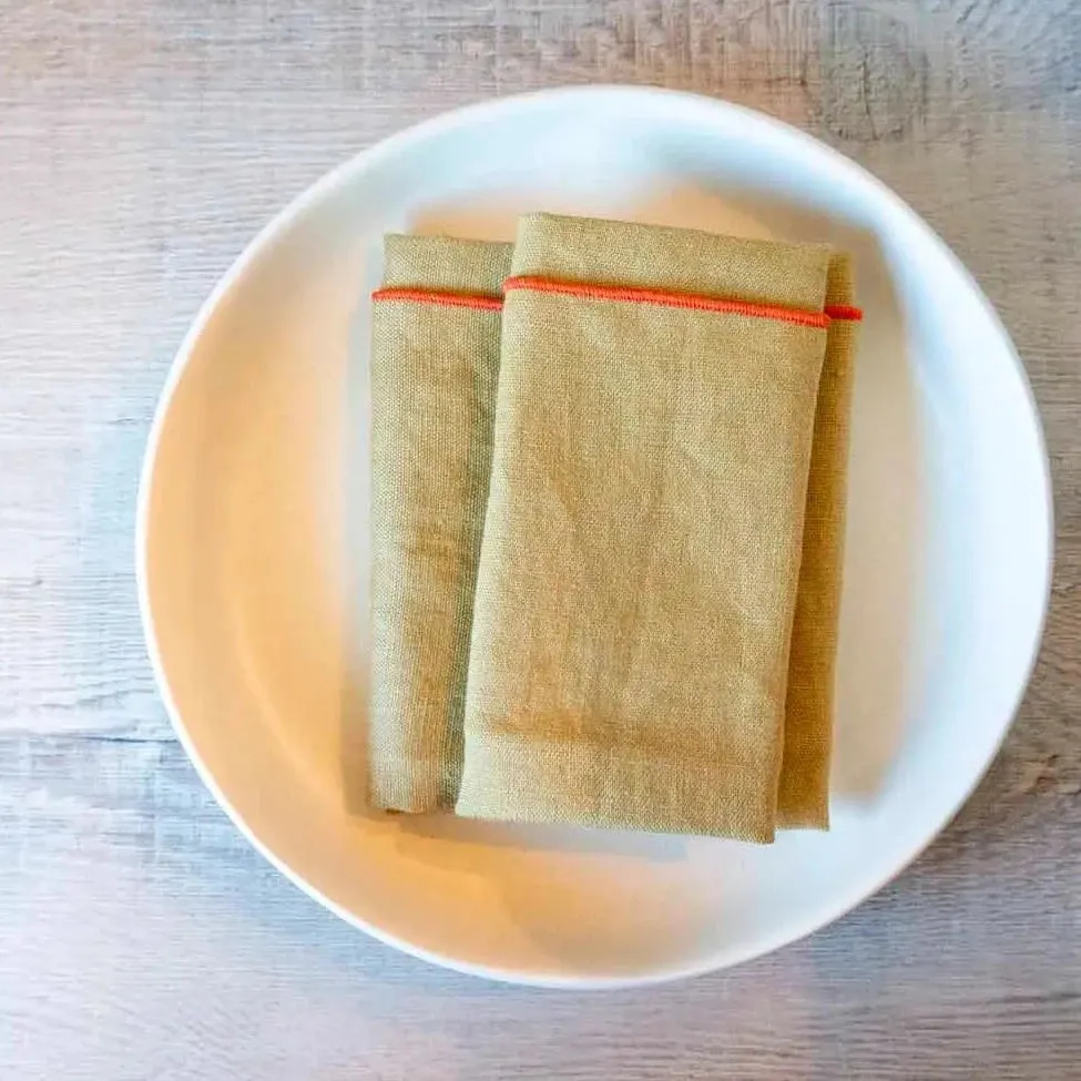 100% Linen Green/Haystack Cloth Dinner Napkins, Set of 2