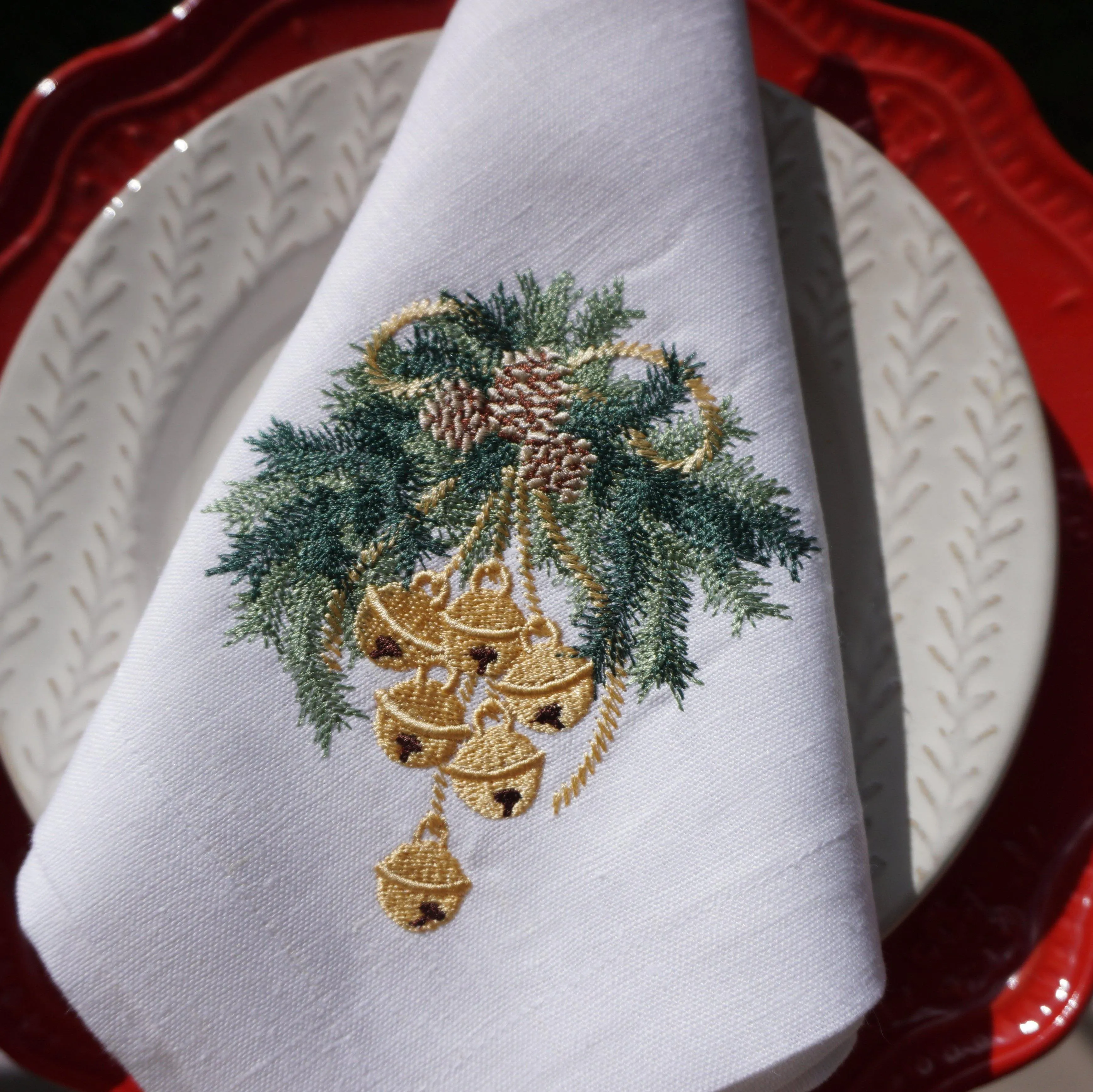 #103 | Christmas bells on a fir tree branch with pinecones | Linen napkins