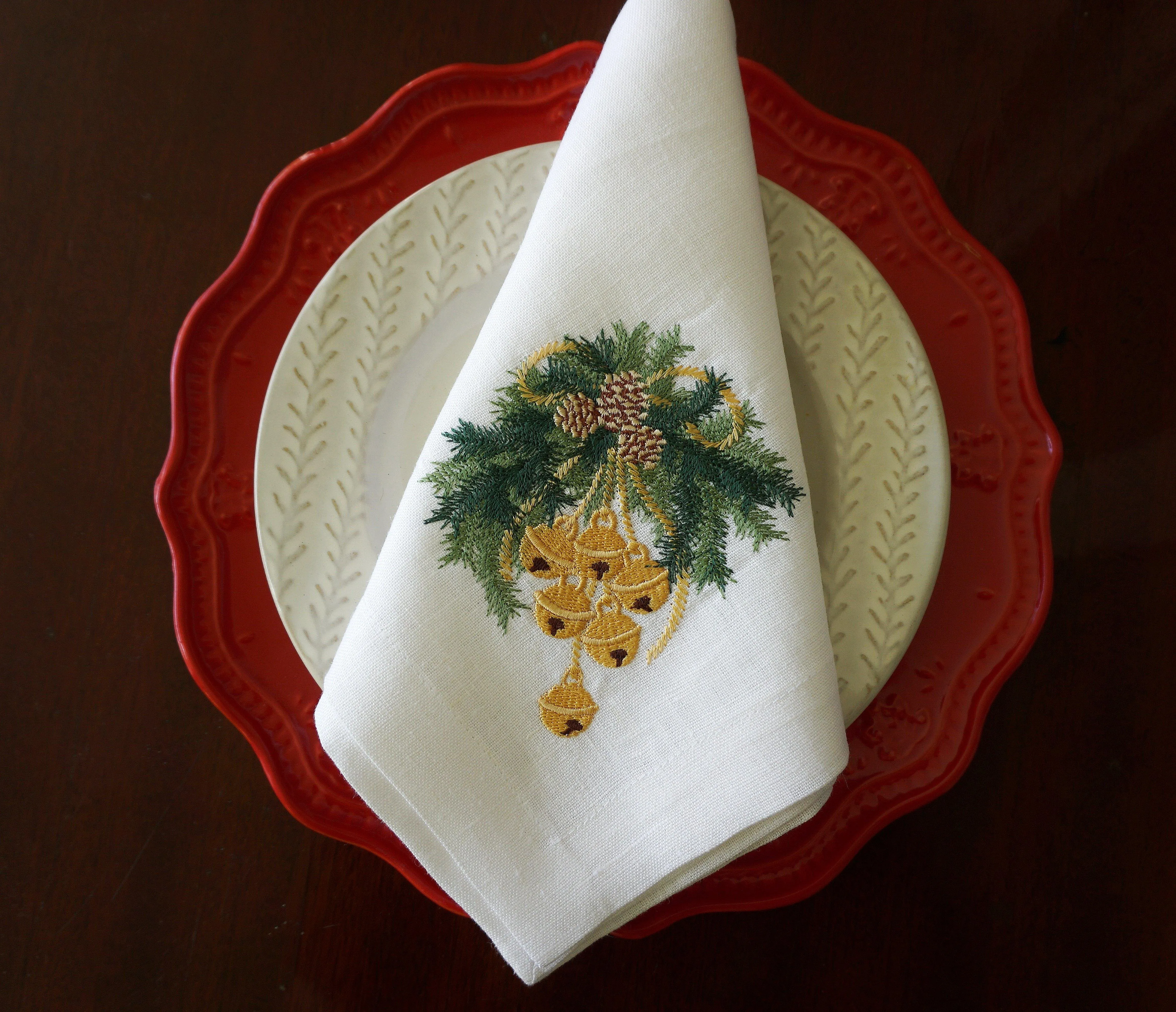 #103 | Christmas bells on a fir tree branch with pinecones | Linen napkins