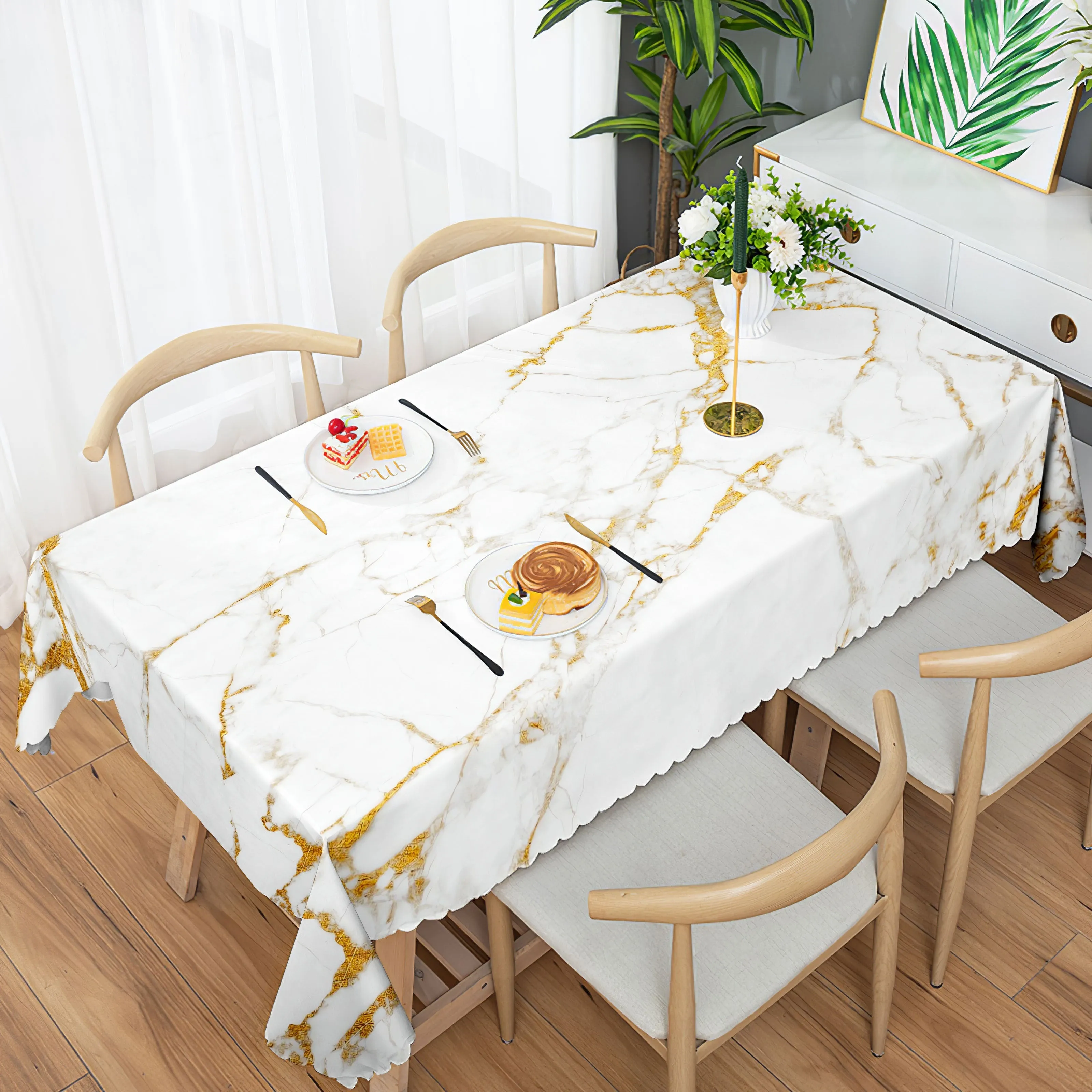1pc, Round/Square Tablecloth, Marbled Abstract Textured Table Cloth, Golden Crack Pattern Table Cover, Waterproof Stain Wrinkle Free, Indoor And Outdoor Table Cover, For Home Kitchen Dining