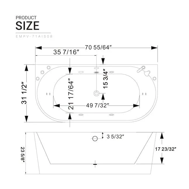 71" Freestanding Hydro Massage Whirlpool Bathtub with Center Drain