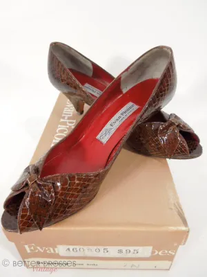 80s Brown Snakeskin Peep-Toe Pumps - 7N