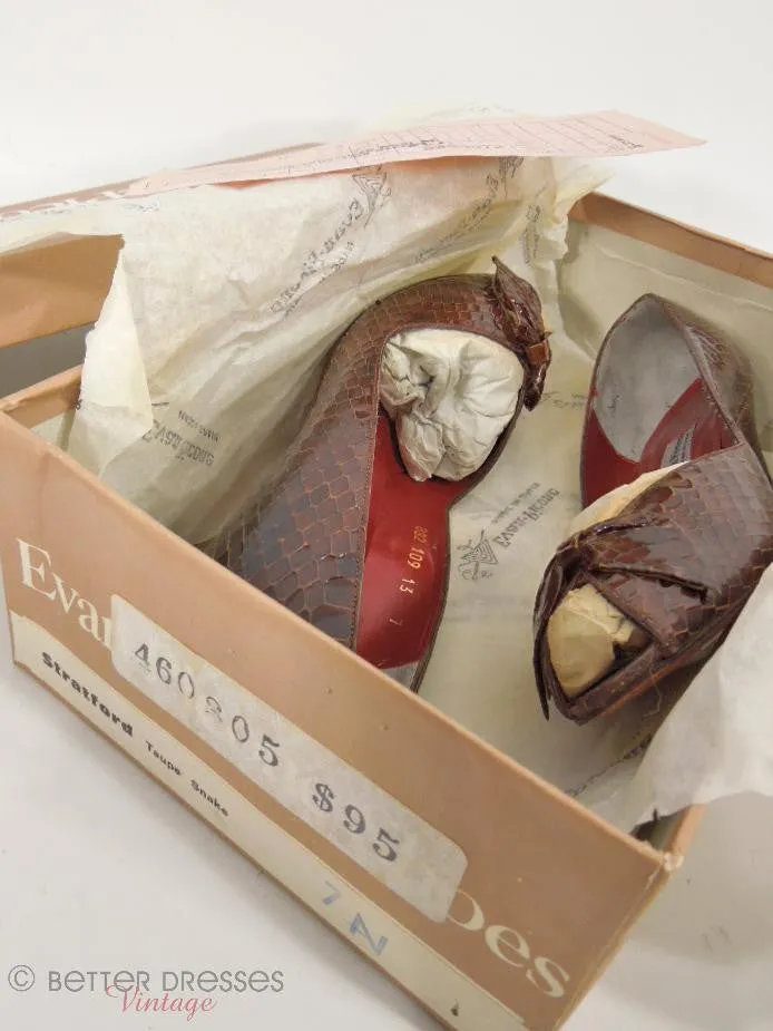 80s Brown Snakeskin Peep-Toe Pumps - 7N