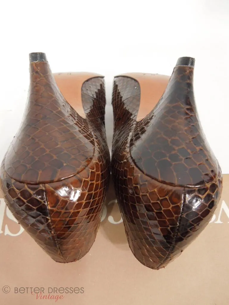 80s Brown Snakeskin Peep-Toe Pumps - 7N