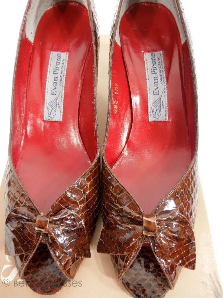 80s Brown Snakeskin Peep-Toe Pumps - 7N