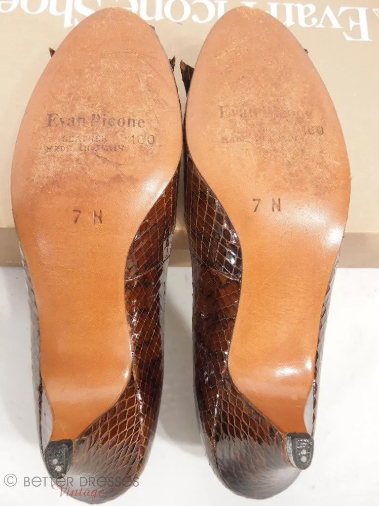80s Brown Snakeskin Peep-Toe Pumps - 7N
