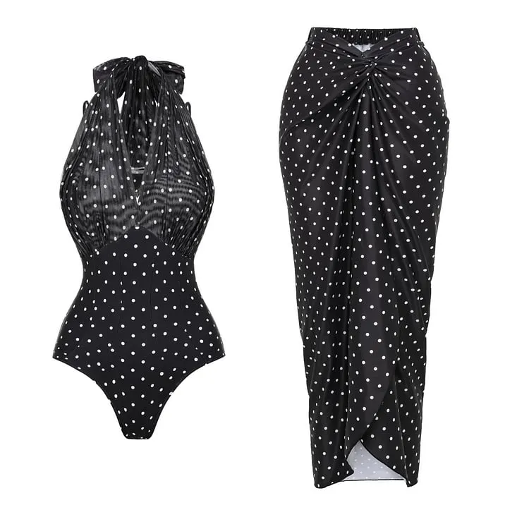 84Volt  Polka dot mesh breathable halter neck Print One Piece Swimsuit Set - As shown / S