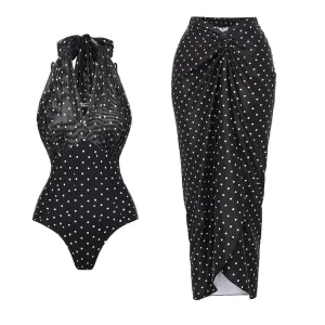 84Volt  Polka dot mesh breathable halter neck Print One Piece Swimsuit Set - As shown / S