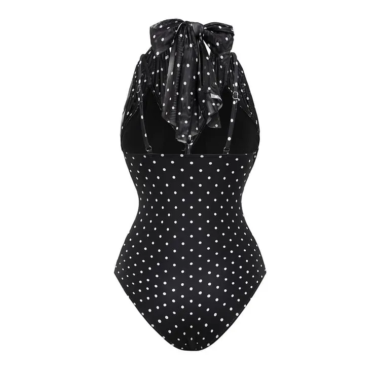 84Volt  Polka dot mesh breathable halter neck Print One Piece Swimsuit Set - As shown / S