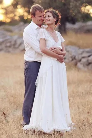 A-Line Sheer Cap Sleeve  Deep V Neck Backless Flower Beading Pleats Chiffon Wedding Dress