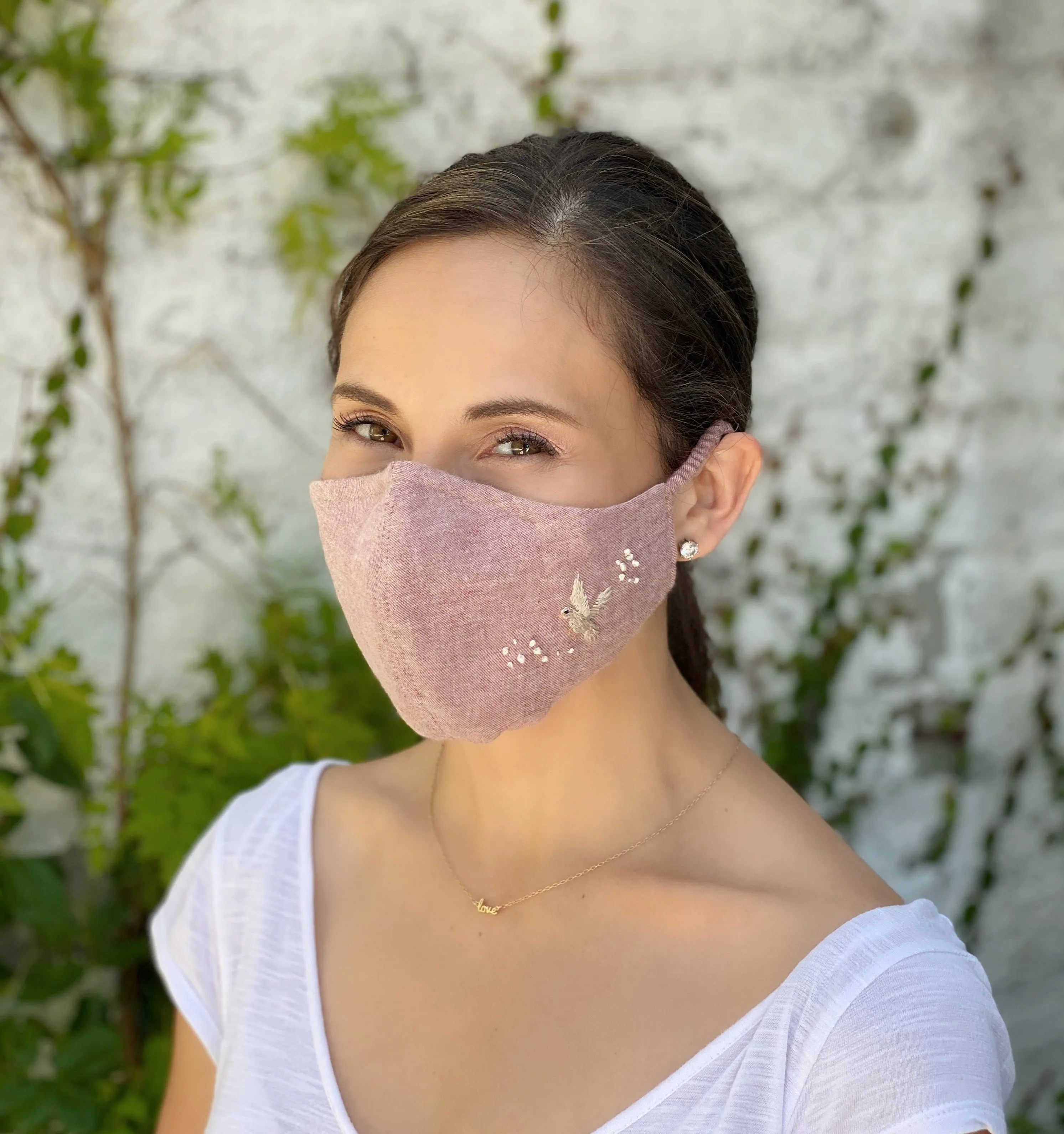 Be Kind" Hand Embroidered Heirloom Mask - Dove of Peace, Dusty Rose