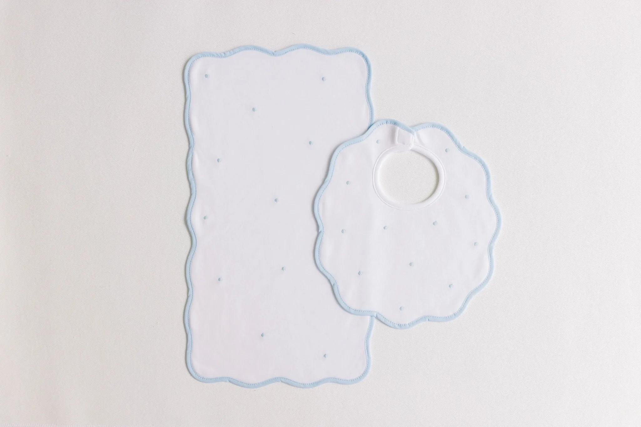 Bib & Burp Set, Blue Embroidered Dots
