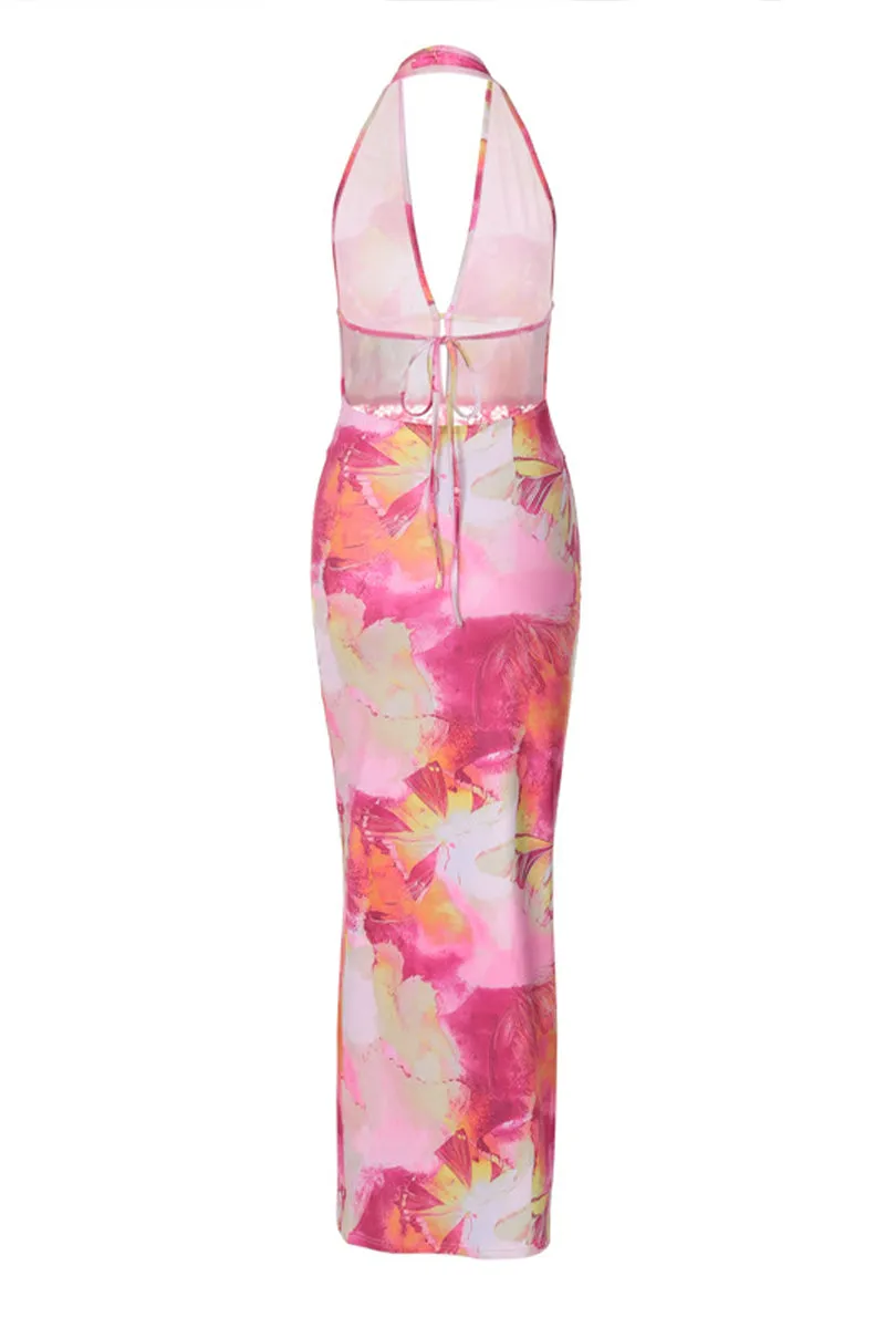 BQ3125 Halter Floral Long Dress