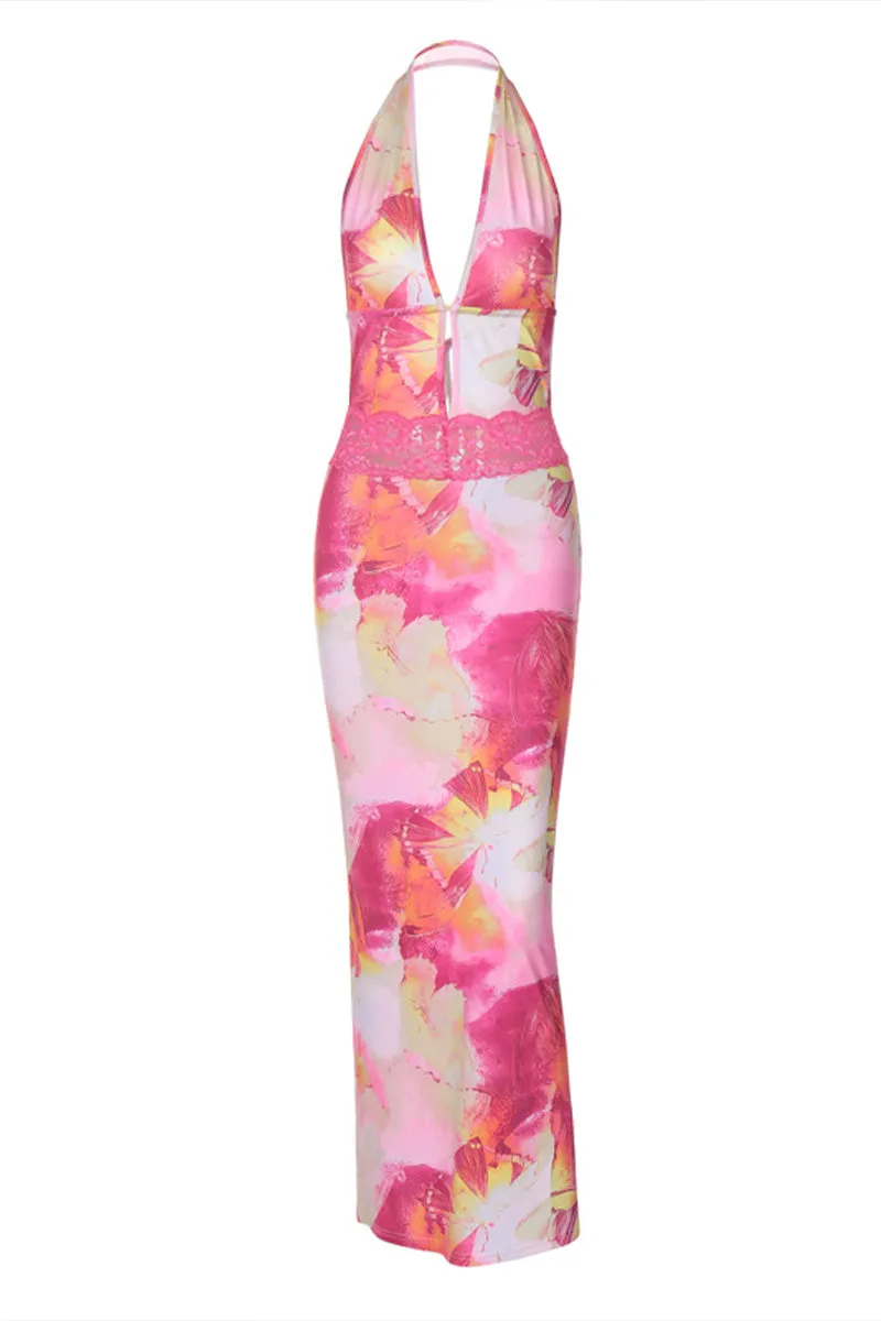 BQ3125 Halter Floral Long Dress