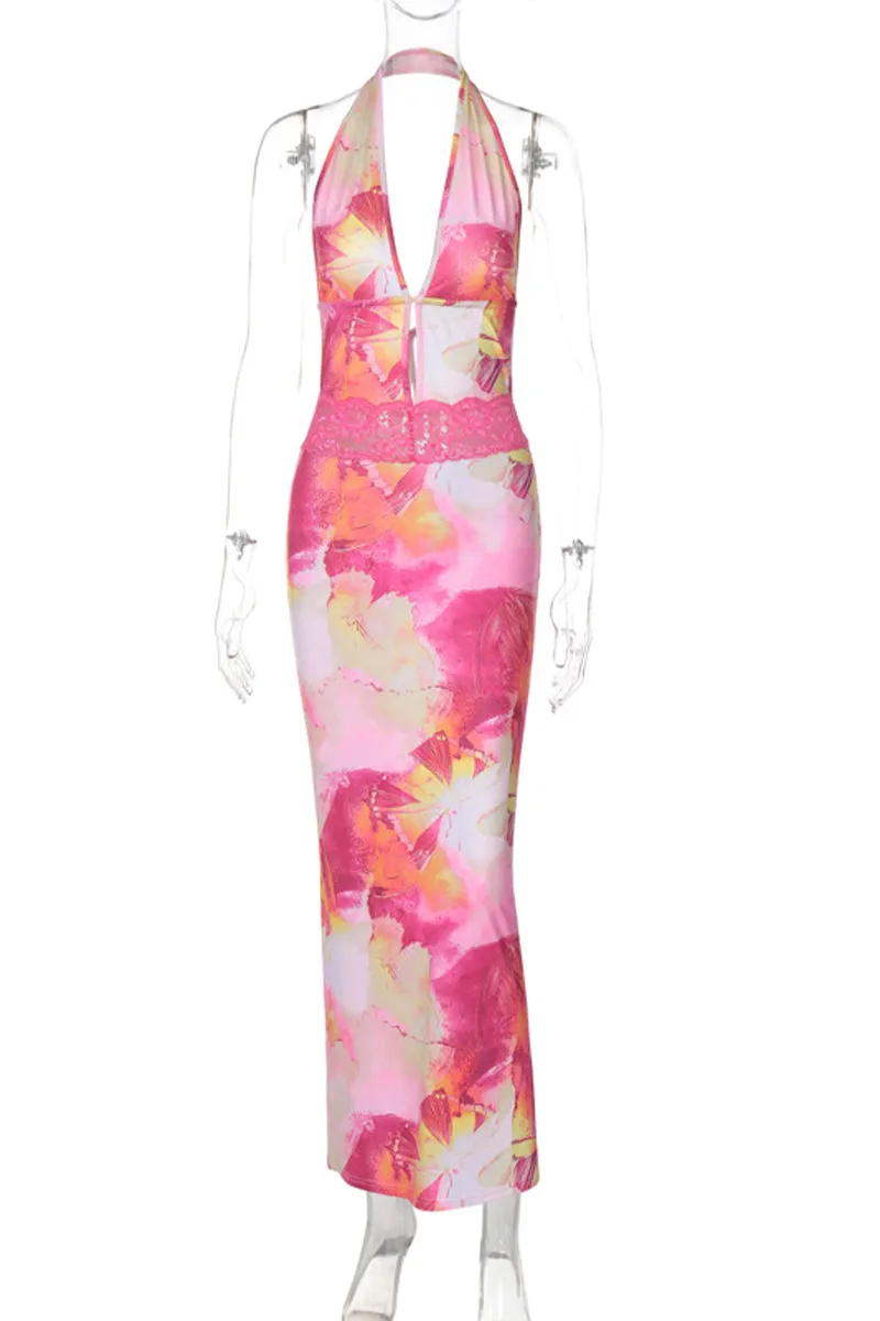 BQ3125 Halter Floral Long Dress