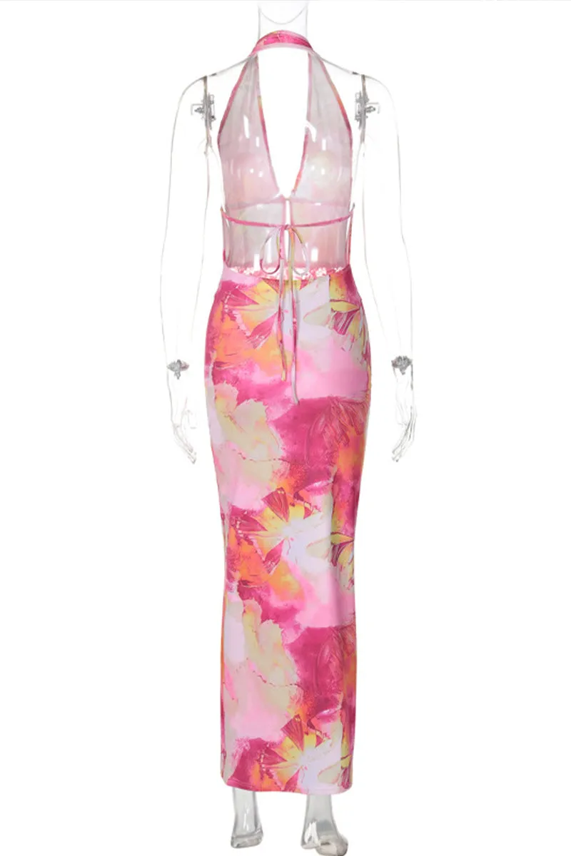 BQ3125 Halter Floral Long Dress