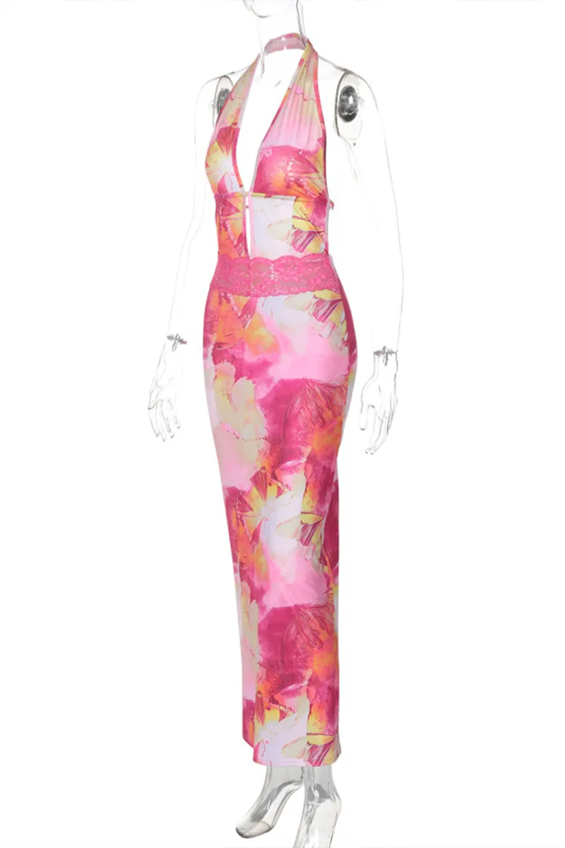 BQ3125 Halter Floral Long Dress
