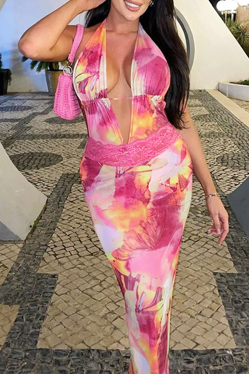 BQ3125 Halter Floral Long Dress