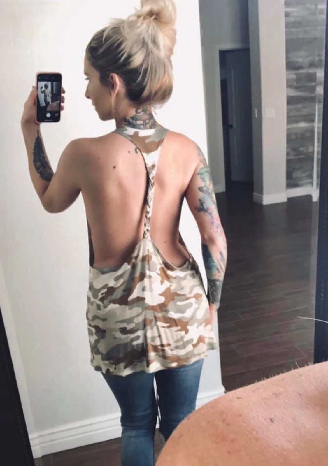 Camo Backless Braided Blouses