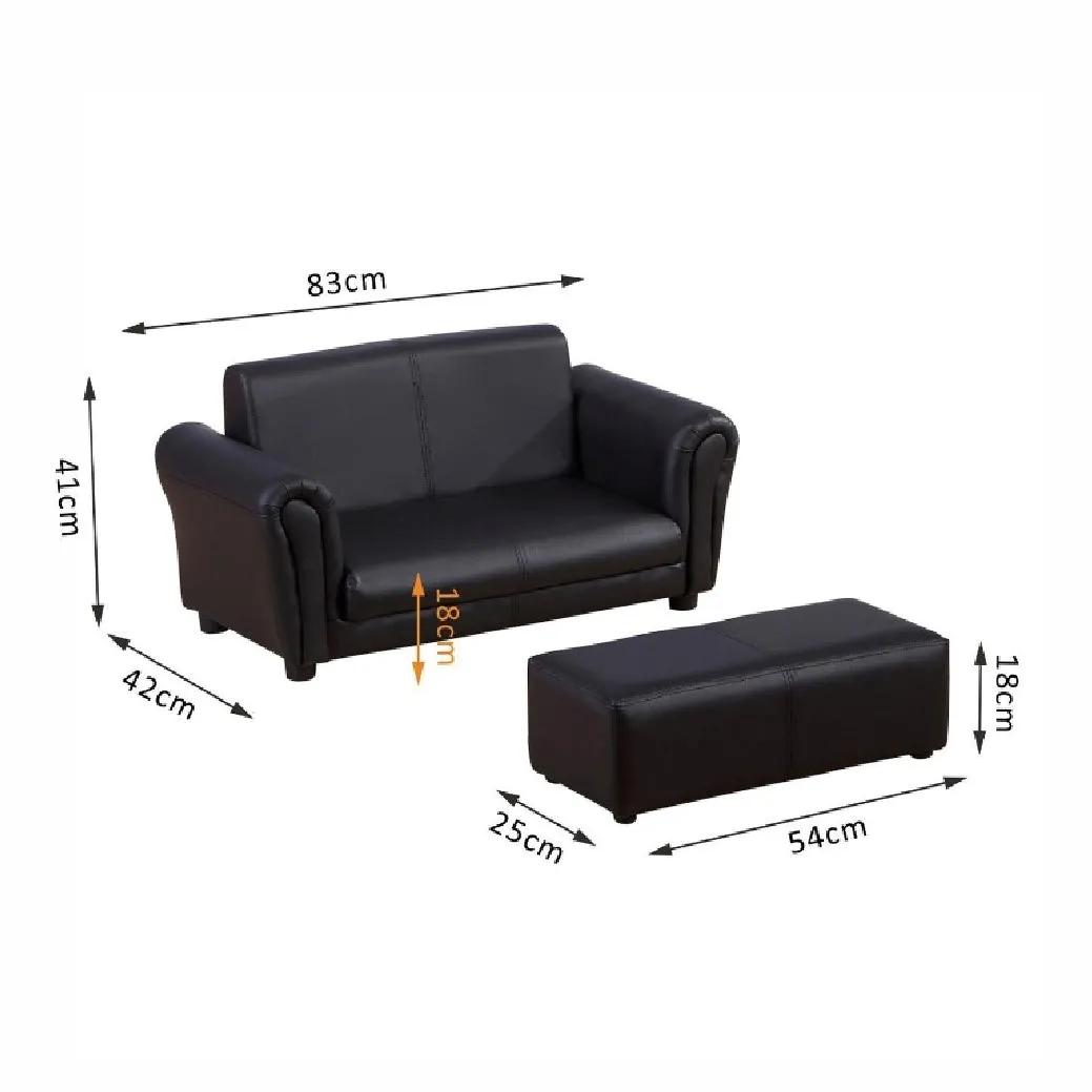 Childrens 2-Seater Mini Sofa Set with Large Footstool | Black | 3-6 Years