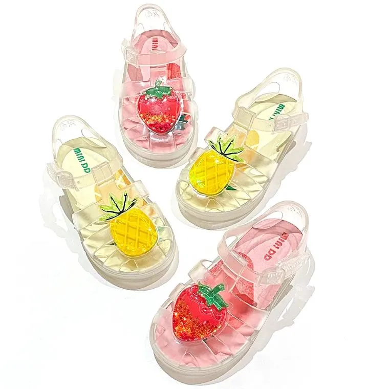 Clear Cute Summer Jelly Fruit Strawberry Pineapple Design for Kids Fashionable Sandals Flat Shoes
