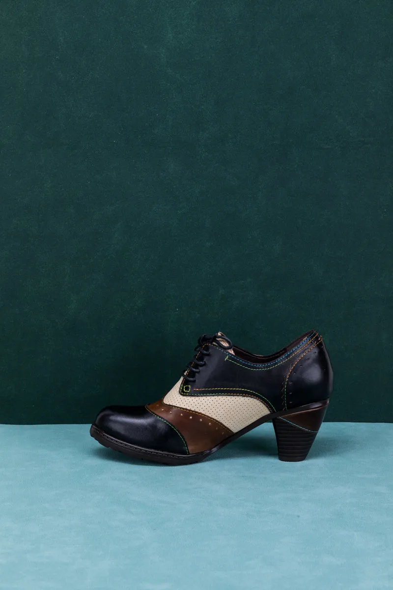 Color Block Block Heel Leather Oxford - Black
