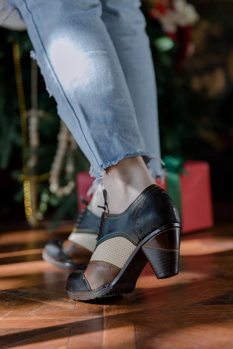 Color Block Block Heel Leather Oxford - Black