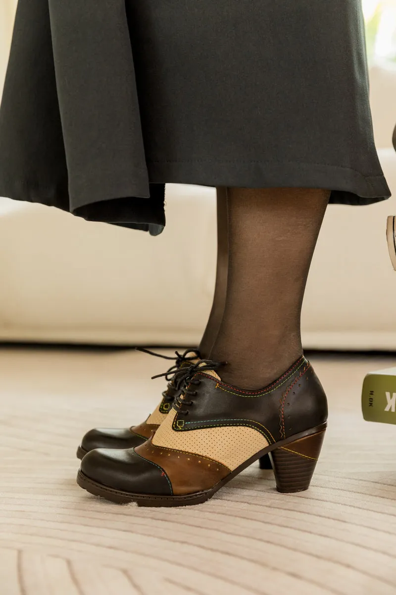 Color Block Block Heel Leather Oxford - Black
