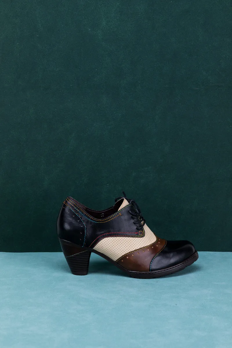 Color Block Block Heel Leather Oxford - Black