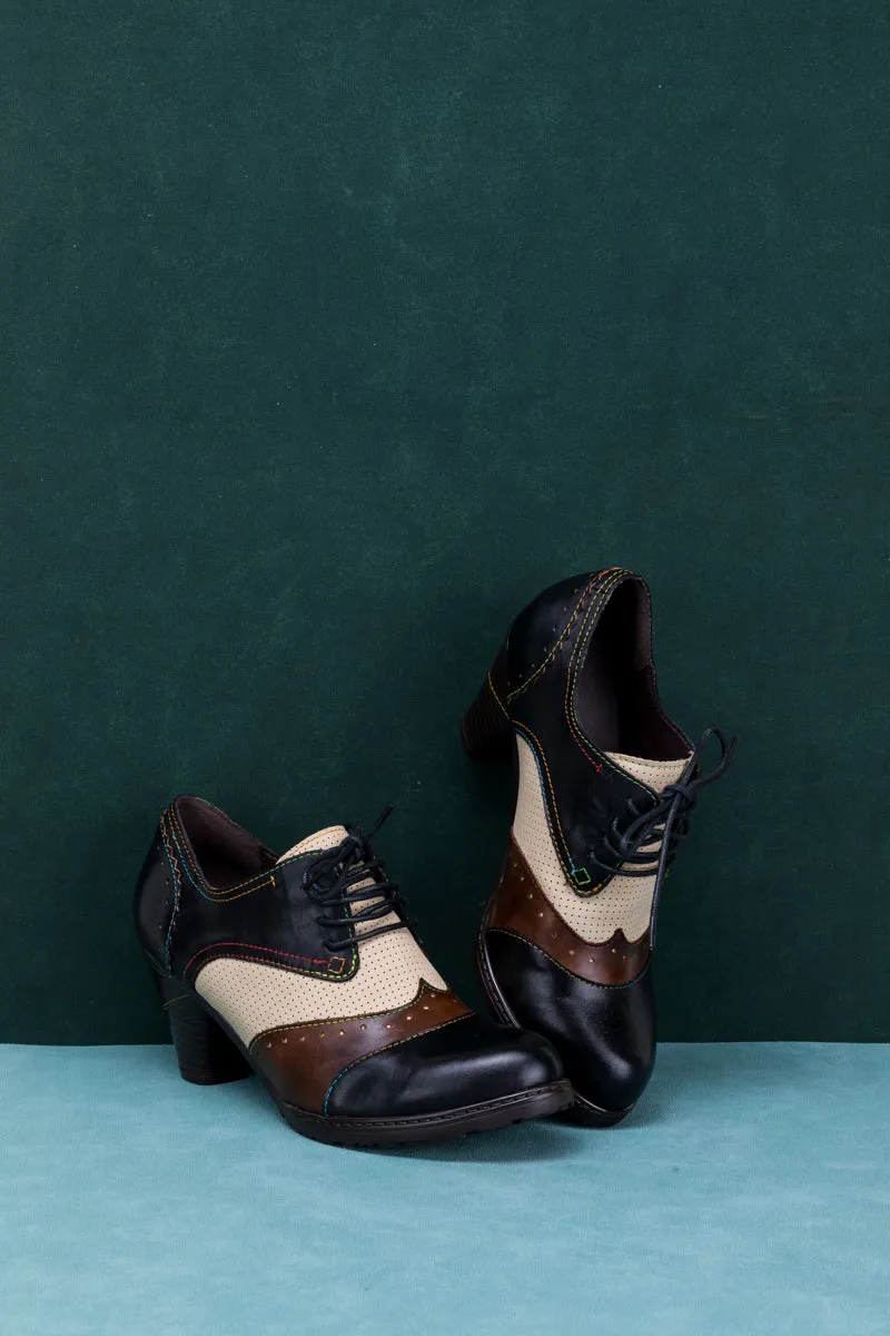 Color Block Block Heel Leather Oxford - Black