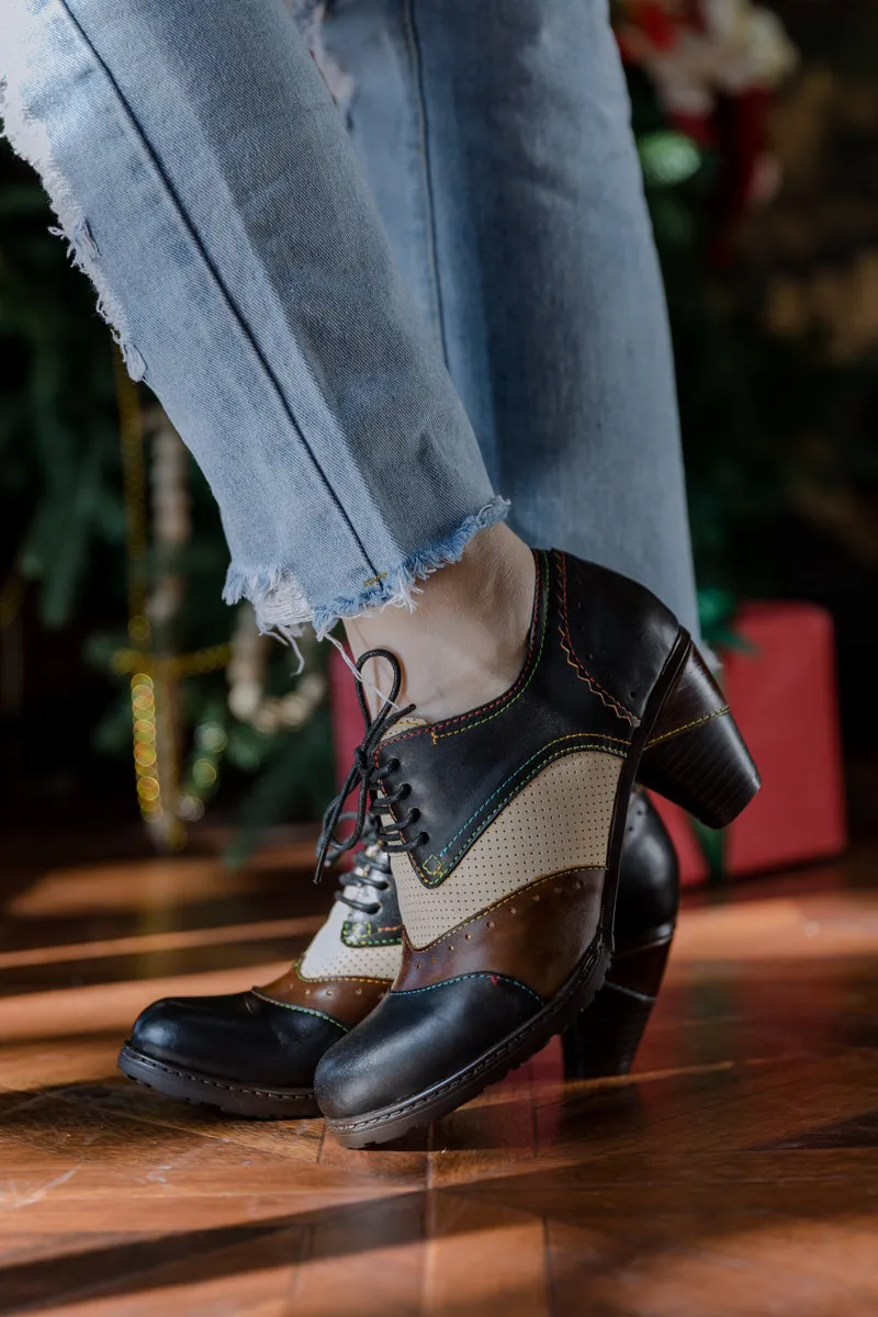 Color Block Block Heel Leather Oxford - Black