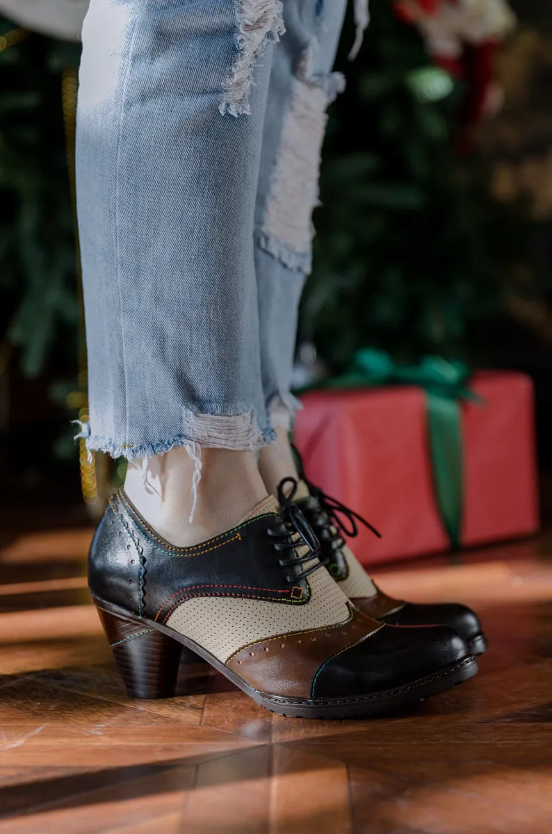 Color Block Block Heel Leather Oxford - Black