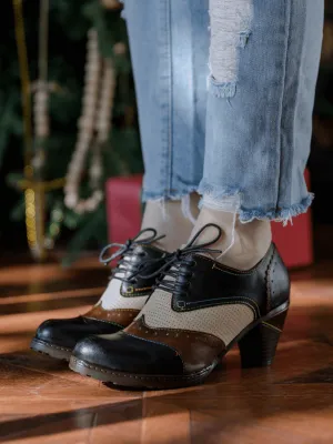 Color Block Block Heel Leather Oxford - Black