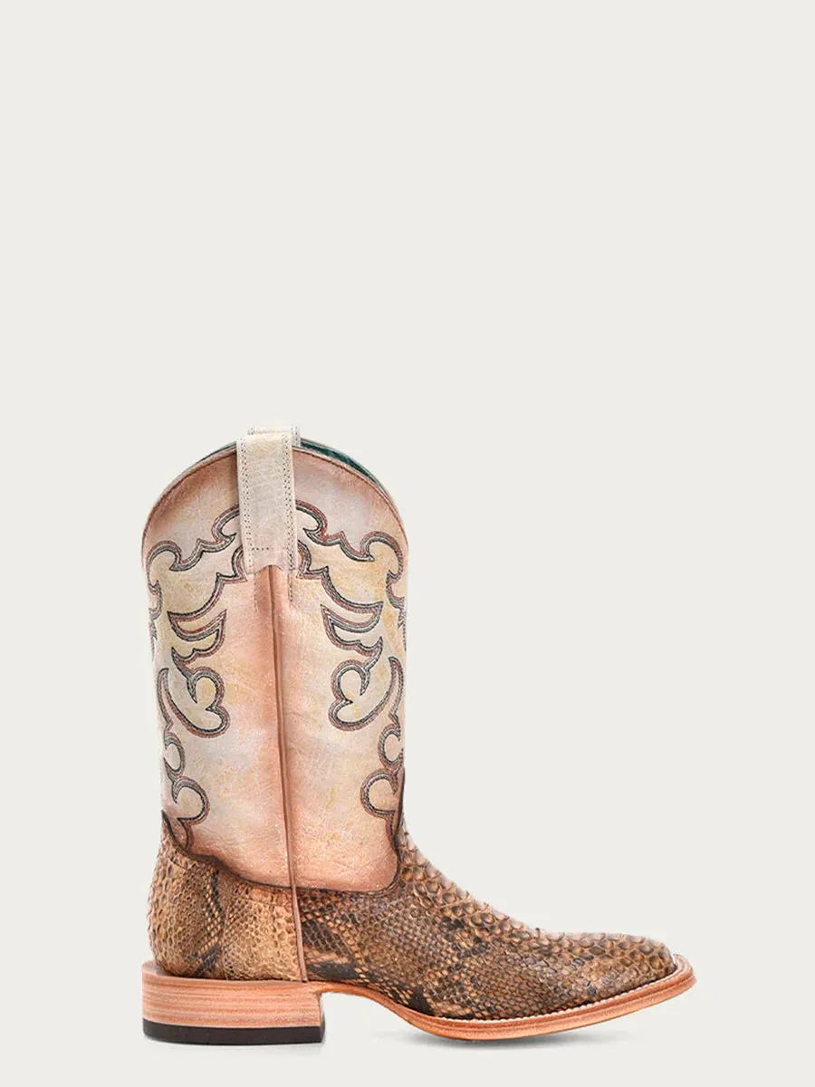 CORRAL B5007 - WOMEN'S GENUINE TAUPE-BEIGE PYTHON VAMP SQUARE TOE BOOTS