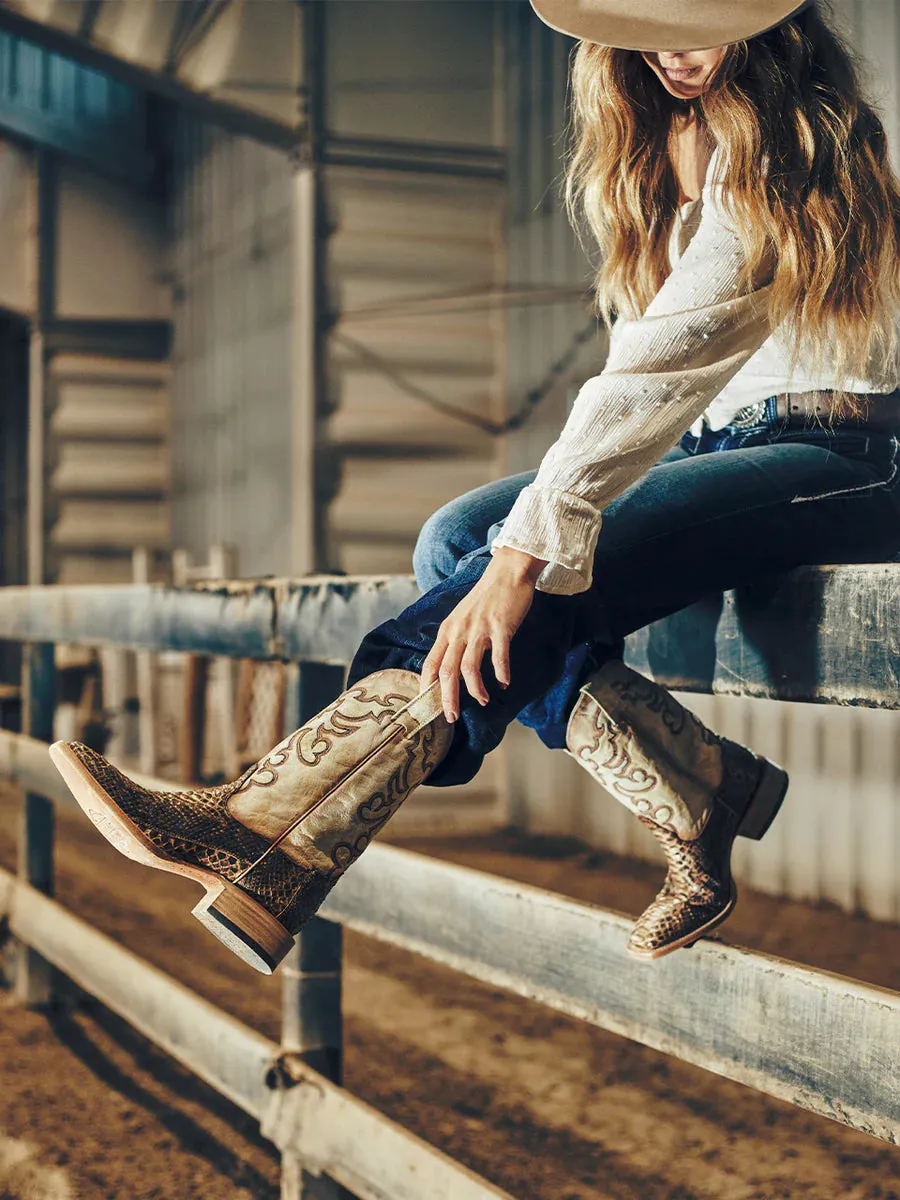 CORRAL B5007 - WOMEN'S GENUINE TAUPE-BEIGE PYTHON VAMP SQUARE TOE BOOTS
