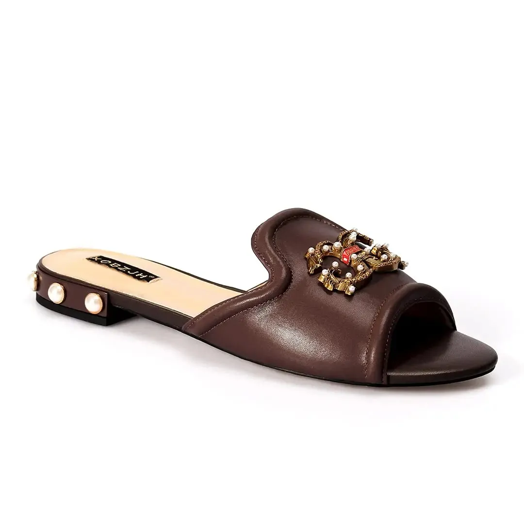Designer Women Gold Flat Sandals Slides Mule Shoe Luxury Brand 2022 Shoes Woman Ladies Summer Flip Flops Slippers Fashion