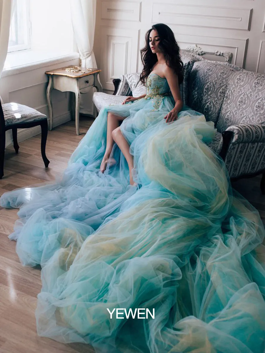 Elegant Maternity Dress for Photo Shoot Strapless Slit Tulle Wedding Evening Maxi Dress with 2M Train