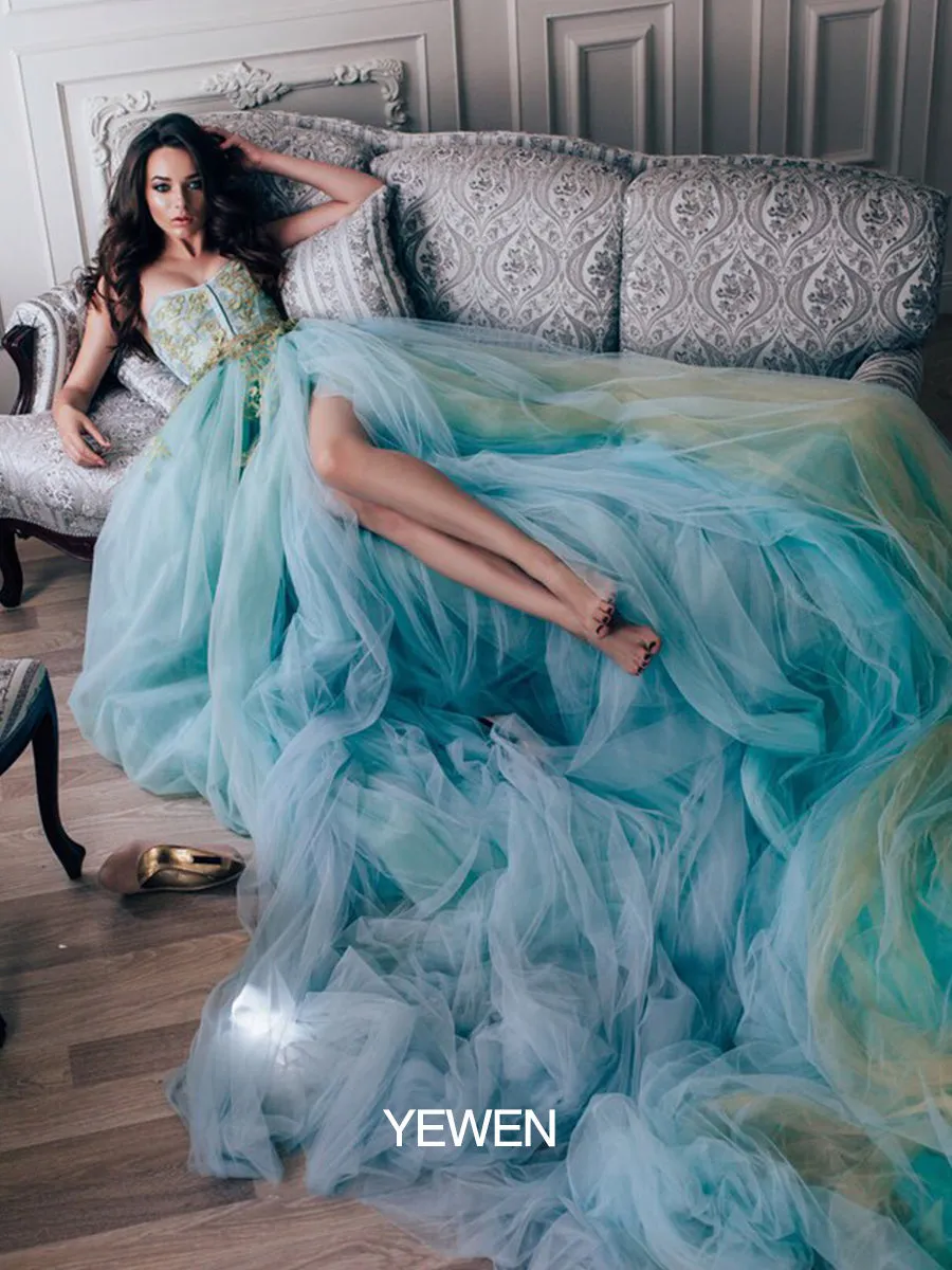 Elegant Maternity Dress for Photo Shoot Strapless Slit Tulle Wedding Evening Maxi Dress with 2M Train