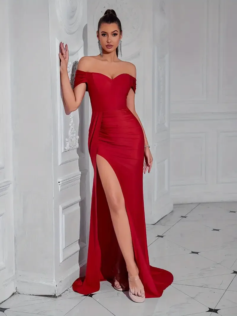 Elegant Off-Shoulder Backless Gown in Red