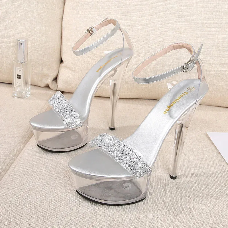 Fine Heel Crystal Women's Sandals Summer New 14.5 Cm High Heels Sexy Comfortable Ladies Wedding Shoes Catwalk Pole Dance