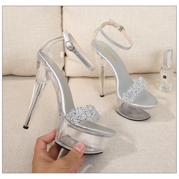 Fine Heel Crystal Women's Sandals Summer New 14.5 Cm High Heels Sexy Comfortable Ladies Wedding Shoes Catwalk Pole Dance
