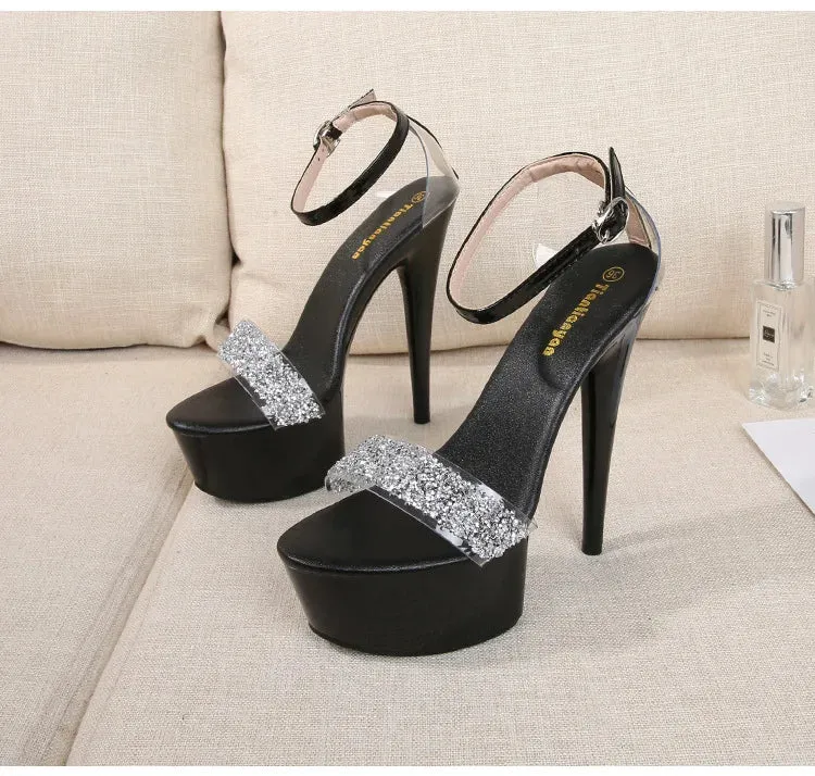 Fine Heel Crystal Women's Sandals Summer New 14.5 Cm High Heels Sexy Comfortable Ladies Wedding Shoes Catwalk Pole Dance