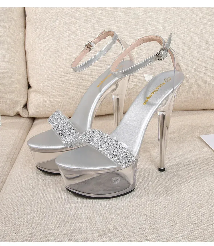 Fine Heel Crystal Women's Sandals Summer New 14.5 Cm High Heels Sexy Comfortable Ladies Wedding Shoes Catwalk Pole Dance
