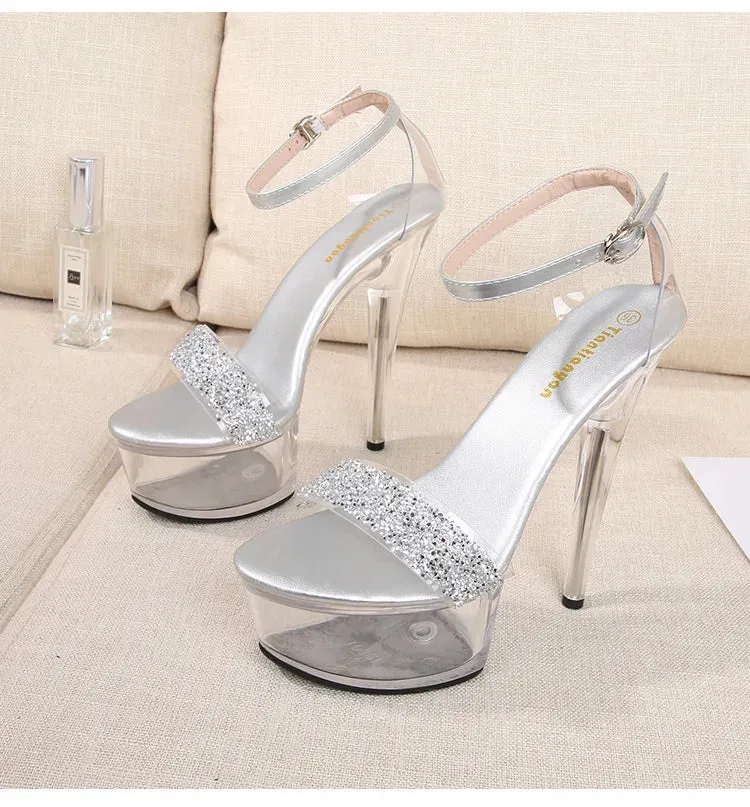 Fine Heel Crystal Women's Sandals Summer New 14.5 Cm High Heels Sexy Comfortable Ladies Wedding Shoes Catwalk Pole Dance