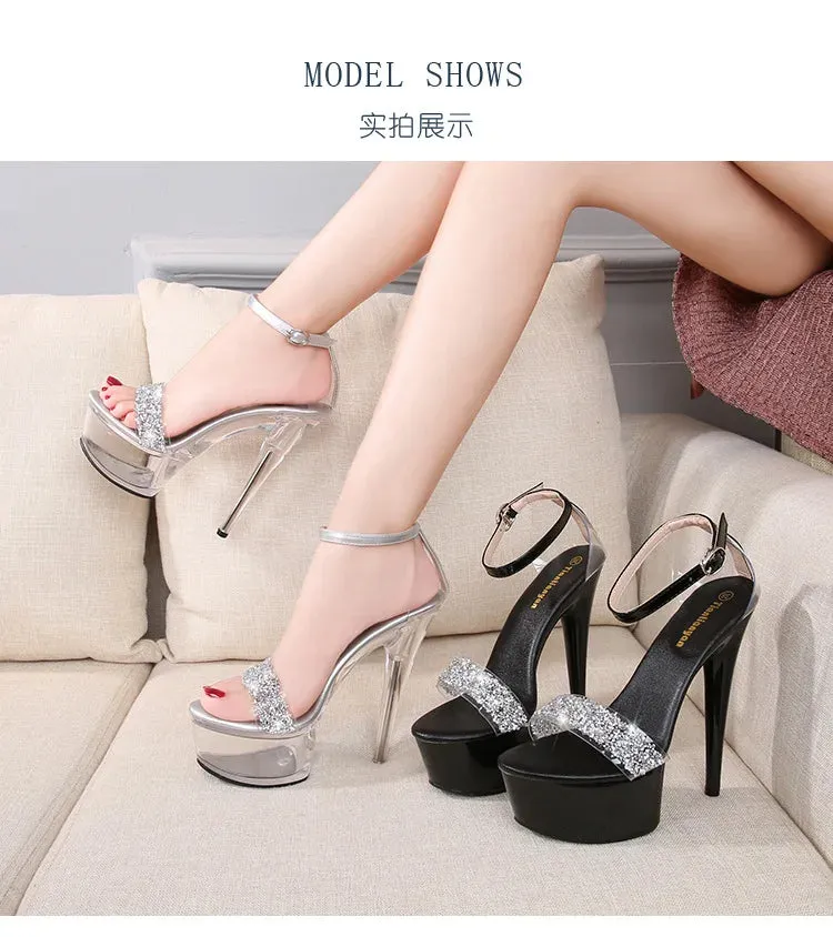 Fine Heel Crystal Women's Sandals Summer New 14.5 Cm High Heels Sexy Comfortable Ladies Wedding Shoes Catwalk Pole Dance