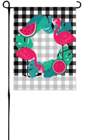 Flamingo Wreath on Plaid Garden Flag