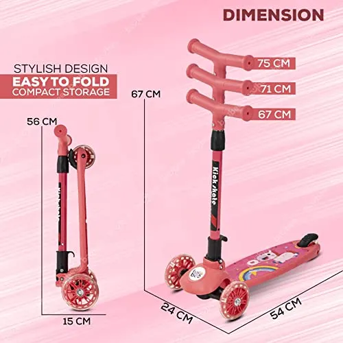 Funbee Phoenix Skate Scooter for Kids, 3 Wheel Kids Scooter with Foldable & Three Height Adjustable Handle, 3 Flashing LED PU Wheels | Kick Skating Scooter for Kids 3 to 6 Years Boys Girls (Dark Pink)