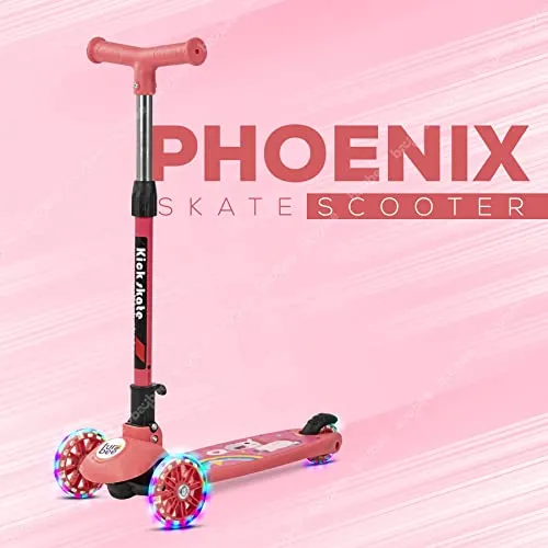 Funbee Phoenix Skate Scooter for Kids, 3 Wheel Kids Scooter with Foldable & Three Height Adjustable Handle, 3 Flashing LED PU Wheels | Kick Skating Scooter for Kids 3 to 6 Years Boys Girls (Dark Pink)