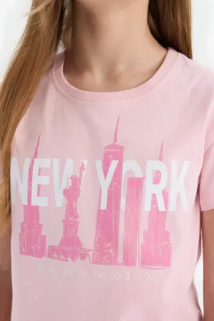 Girl Kids Bicycle Collar Printed Short Sleeve T-shirt