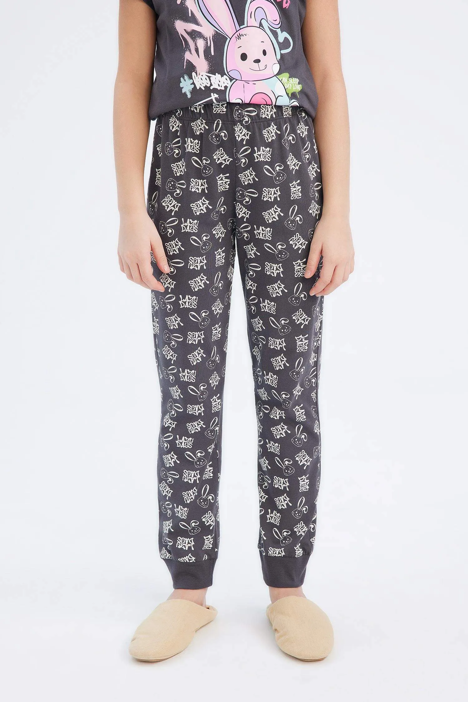 Girl Printed Top Elastic Waist Bottom 2 Piece Pajama Set